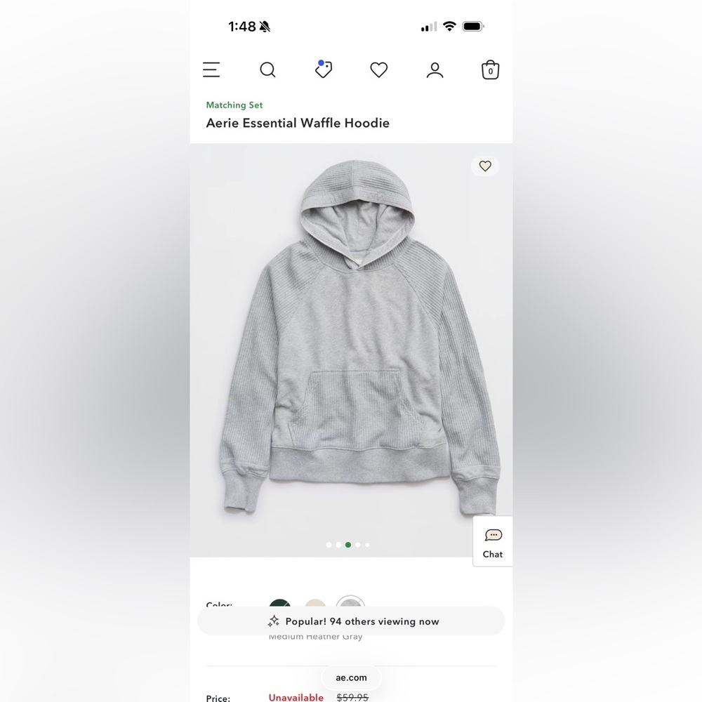 Aerie Essential Waffle Hoodie Medium Heather Gray